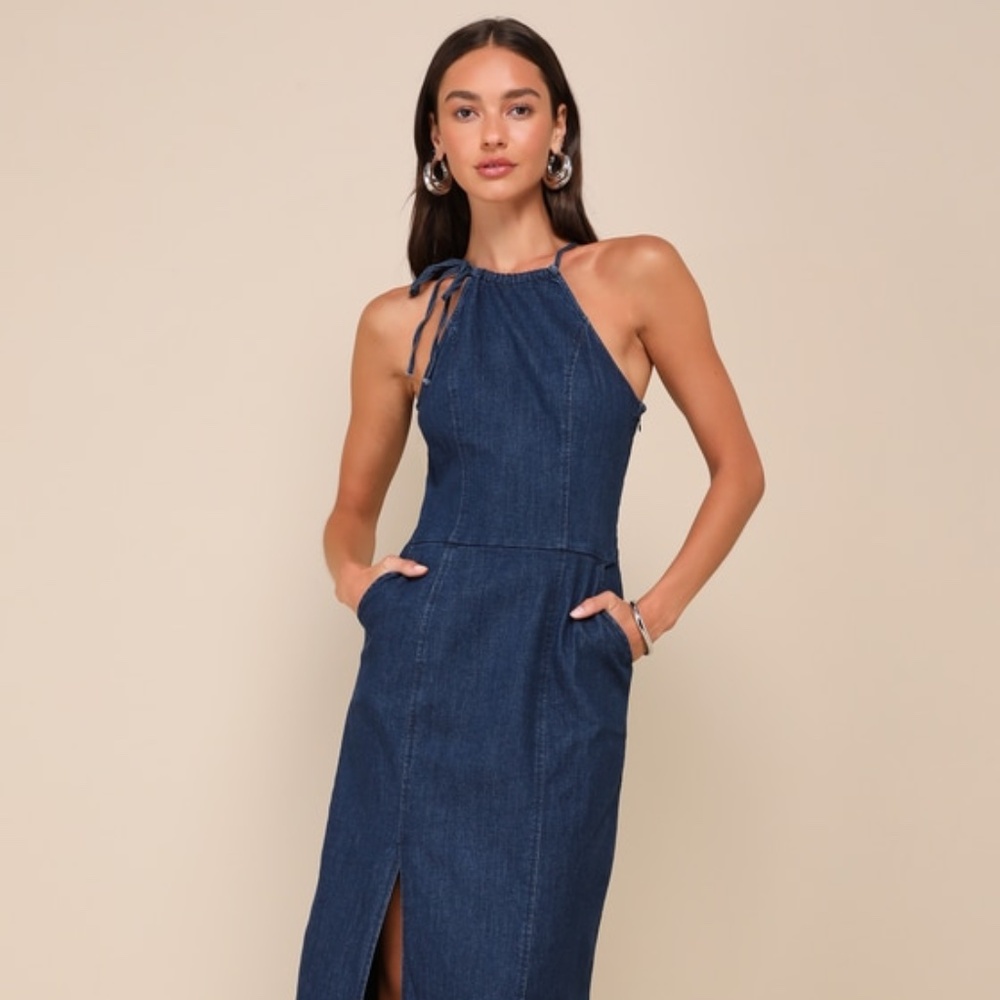Chicest Era Dark Wash Denim Halter Midi Dress with Pockets